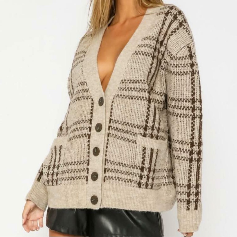 Vici Beige and Brown Plaid Button-Up Cardigan